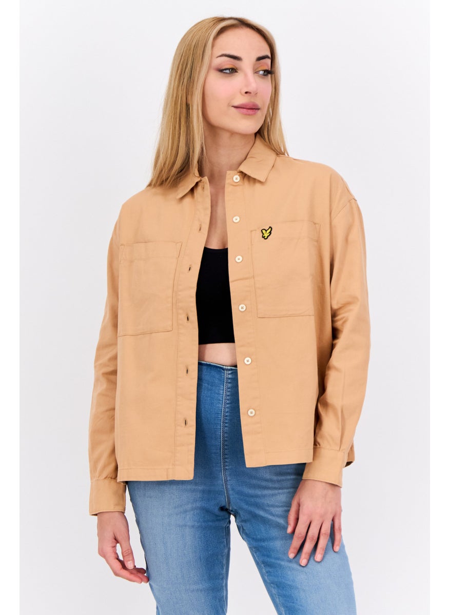 Women Spread Collar Long Sleeve Embroidered Logo Shirt, Tan