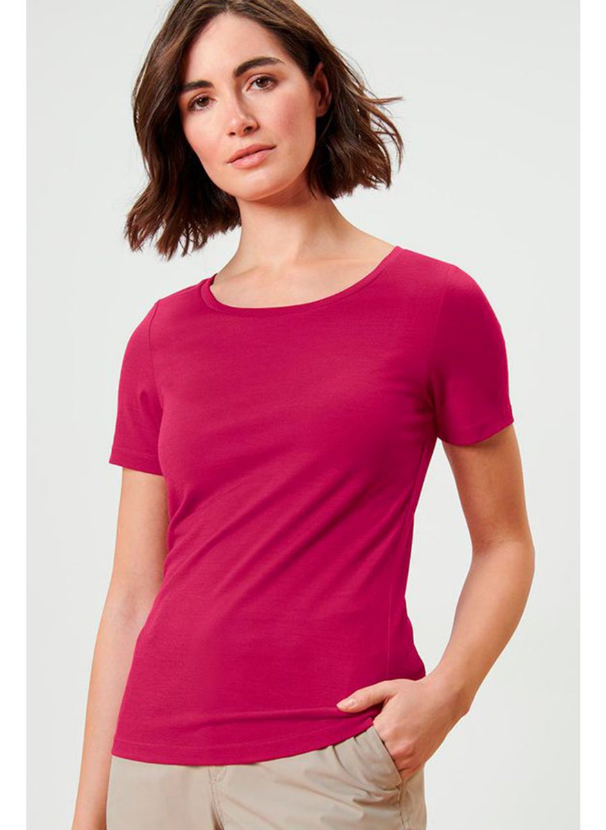 Women Round Neck Short Sleeve Plain Top, Burgundy