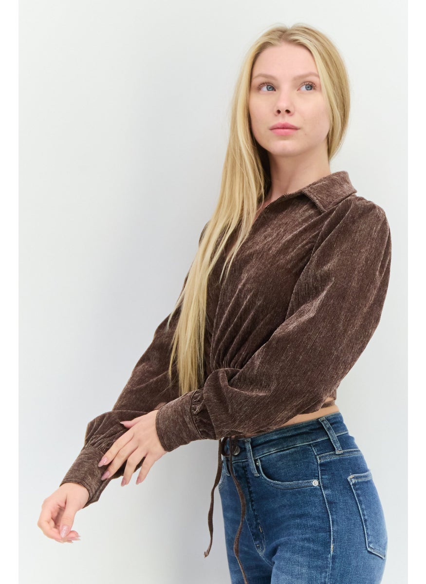 Women Surplice Neckline Long Sleeves Textured Blouse, Dark Brown