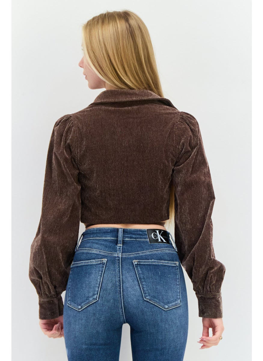 Women Surplice Neckline Long Sleeves Textured Blouse, Dark Brown