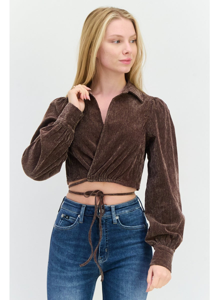 Women Surplice Neckline Long Sleeves Textured Blouse, Dark Brown