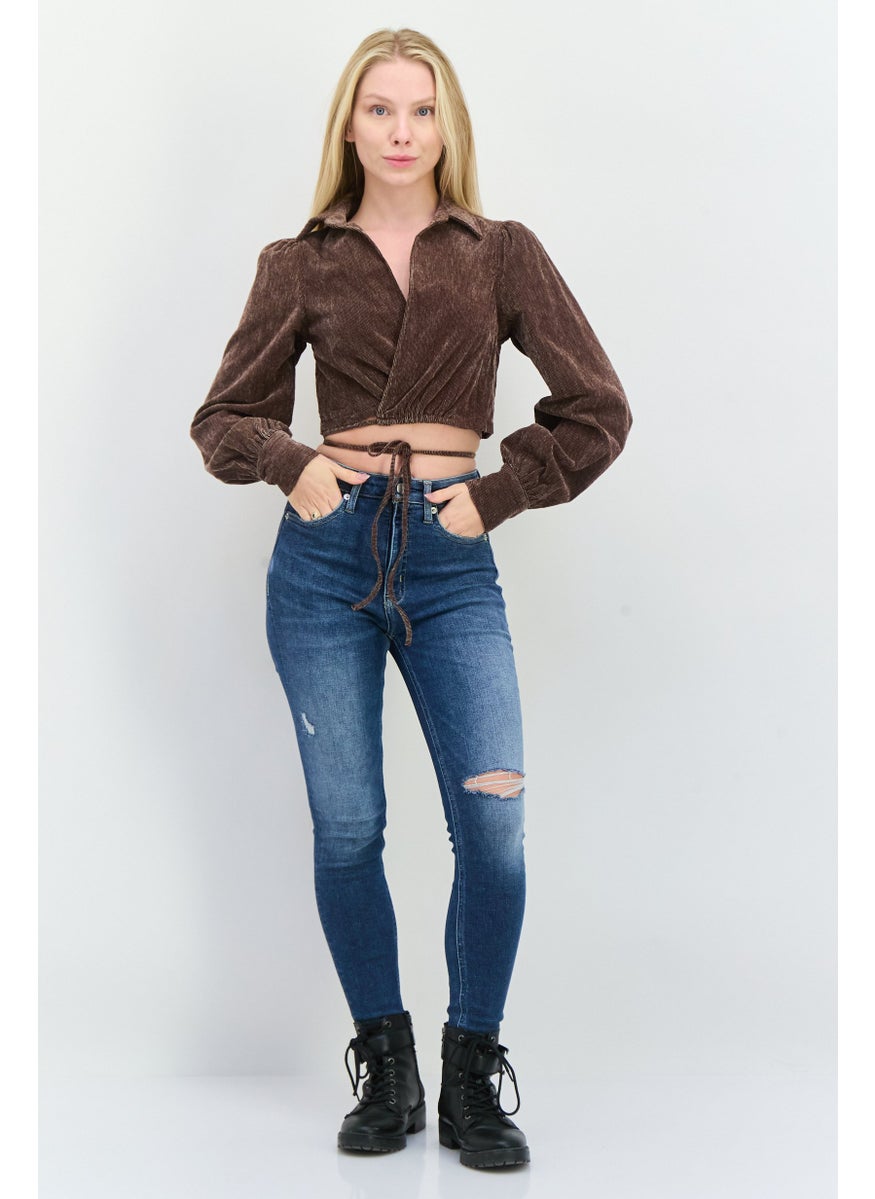 Women Surplice Neckline Long Sleeves Textured Blouse, Dark Brown