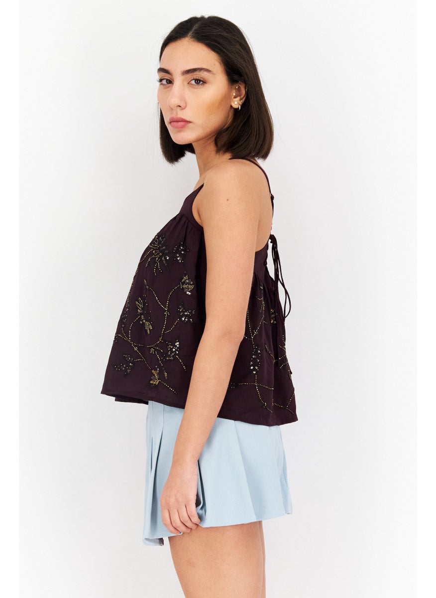 Women V Neck Sleeveless Textured Top, Maroon