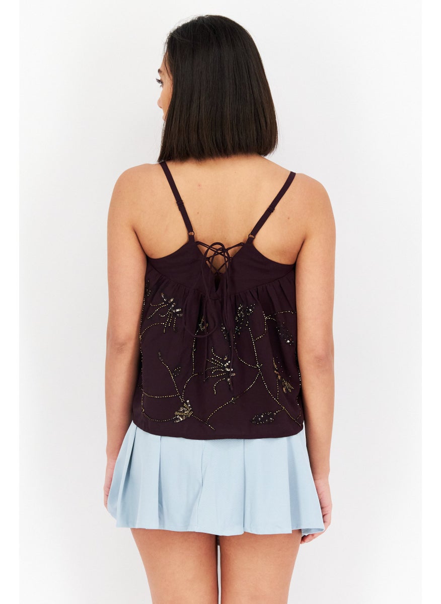 Women V Neck Sleeveless Textured Top, Maroon