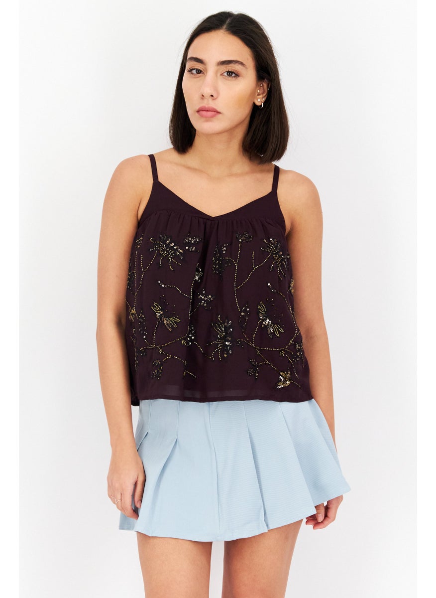 Women V Neck Sleeveless Textured Top, Maroon