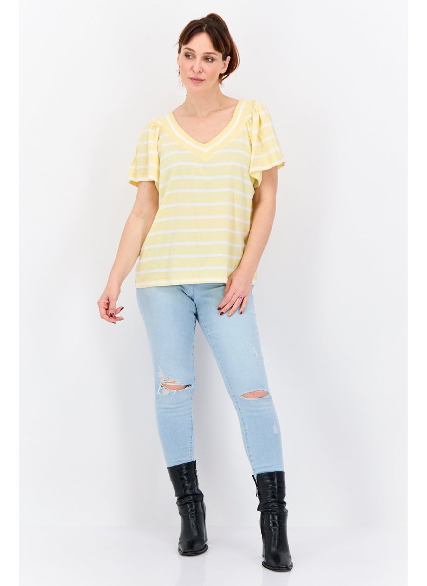 Women V-Neck Short Sleeves Stripe Blouse, Yellow