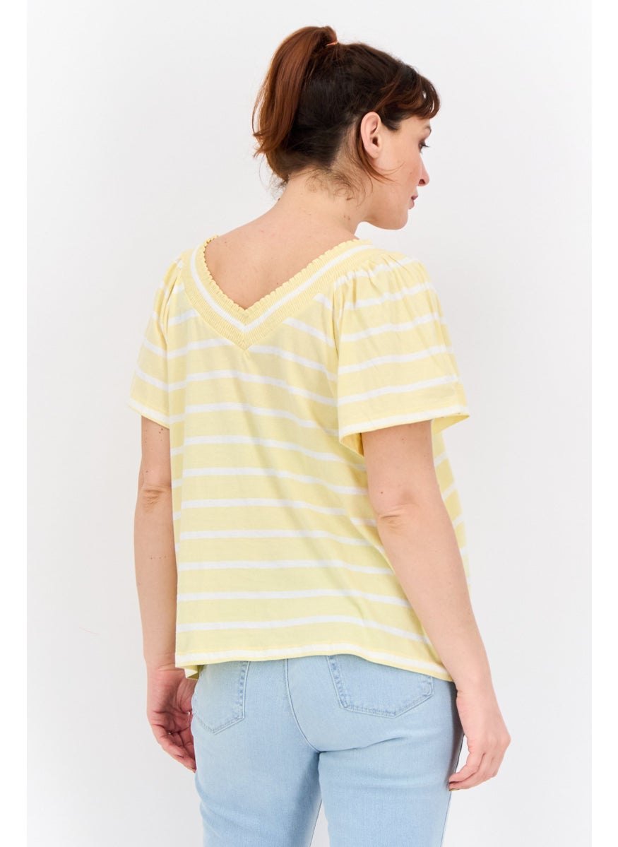 Women V-Neck Short Sleeves Stripe Blouse, Yellow