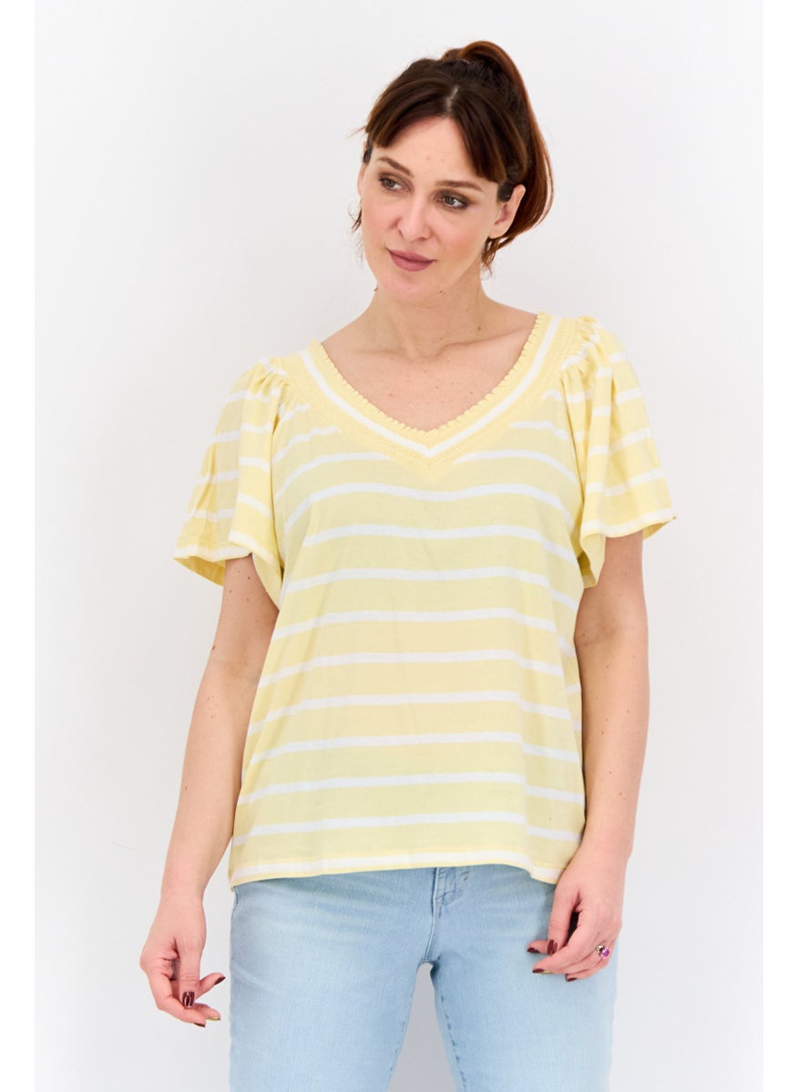 Women V-Neck Short Sleeves Stripe Blouse, Yellow