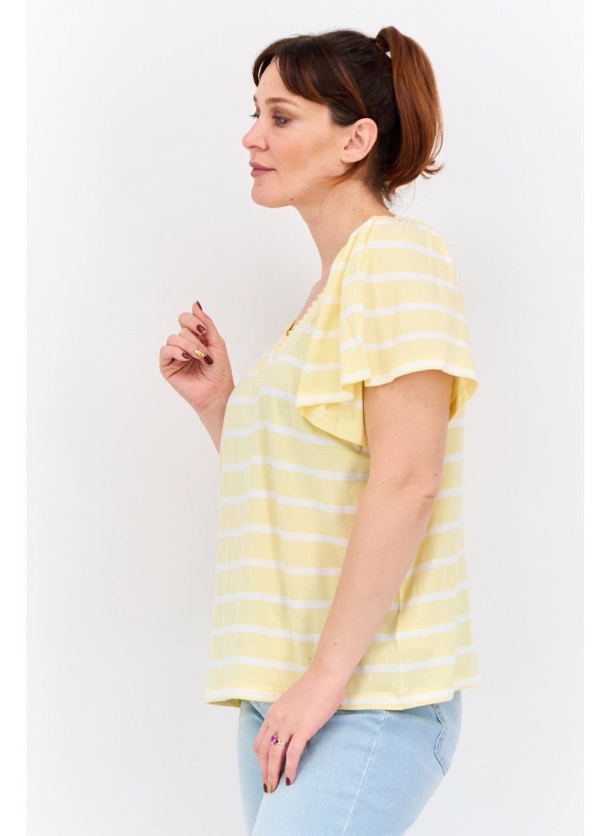 Women V-Neck Short Sleeves Stripe Blouse, Yellow