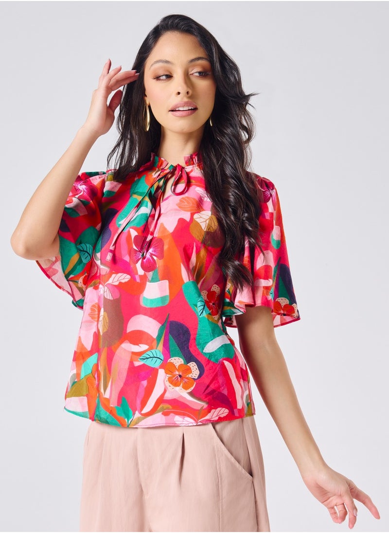 Vneck Tie Flared Sleeve Floral Top