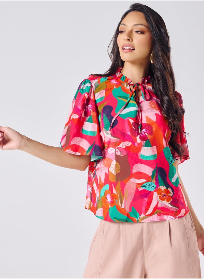 Vneck Tie Flared Sleeve Floral Top