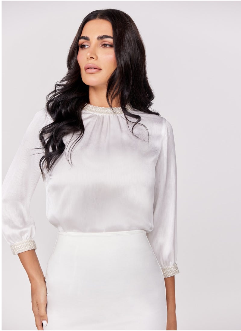 Trim Attached Three Quarter Sleeve White Top