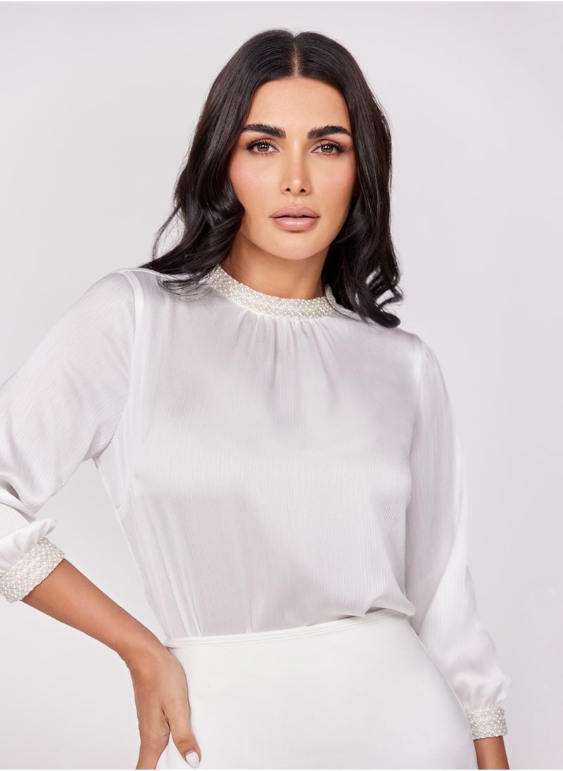 Trim Attached Three Quarter Sleeve White Top