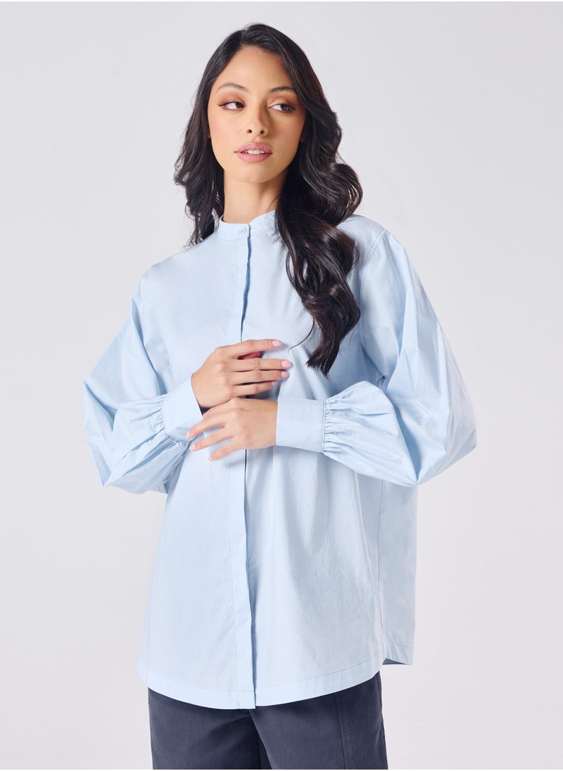 Mandarin Collar Cotton Oversized Shirt- Baby Blue