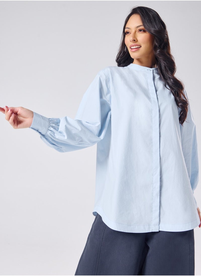 Mandarin Collar Cotton Oversized Shirt- Baby Blue