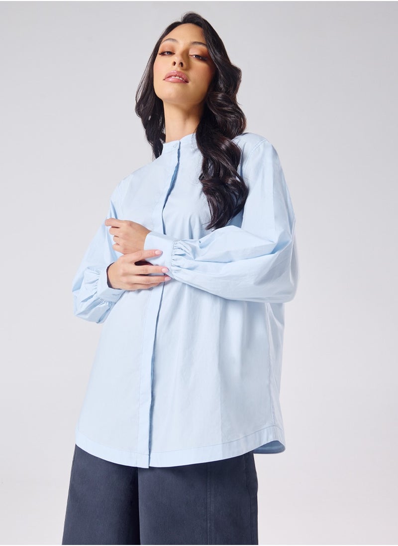 Mandarin Collar Cotton Oversized Shirt- Baby Blue