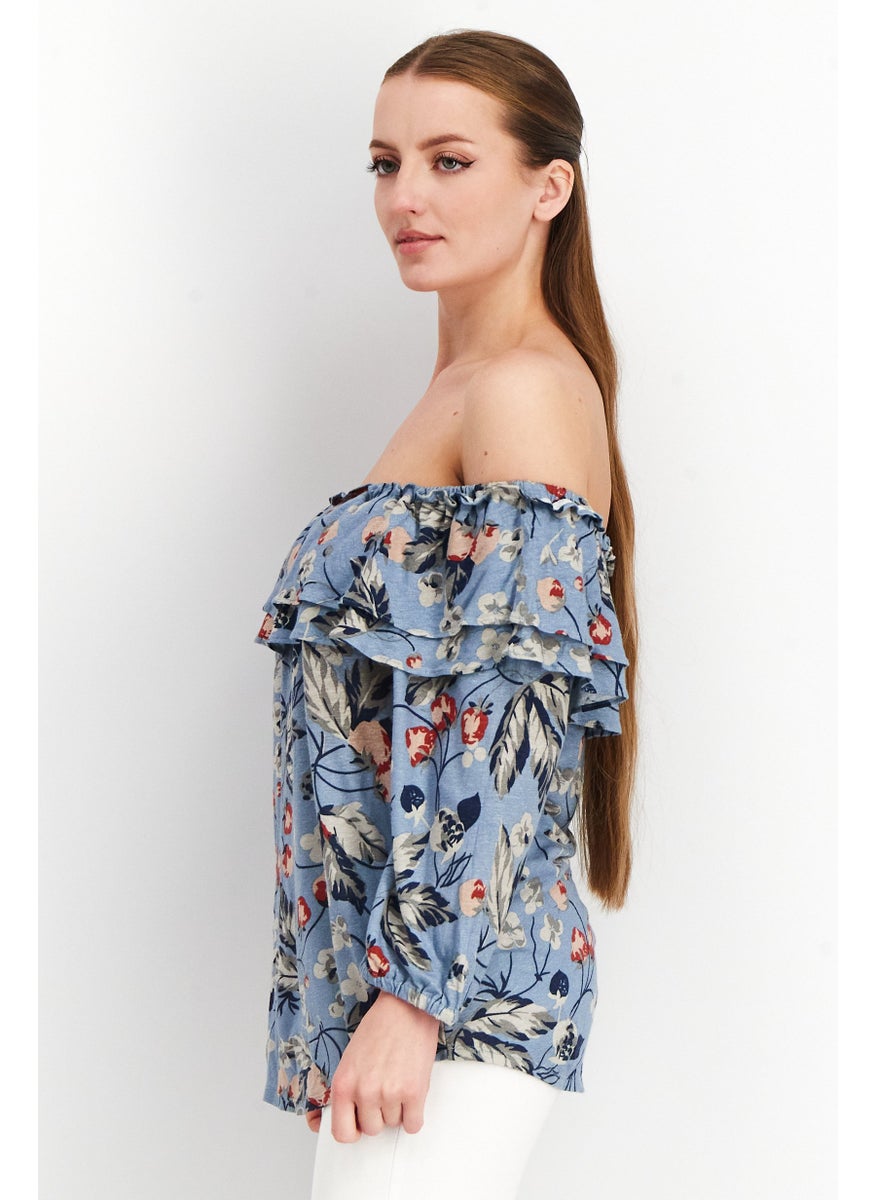 Women Off Shoulder Puffed Sleeve Allover Print Crop Top, Dusty Blue Combo