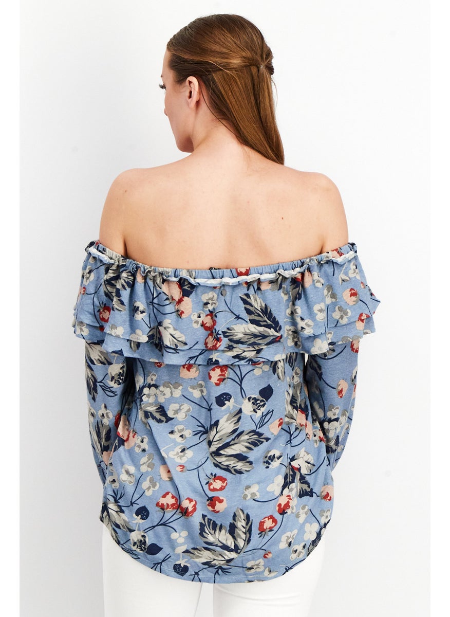Women Off Shoulder Puffed Sleeve Allover Print Crop Top, Dusty Blue Combo