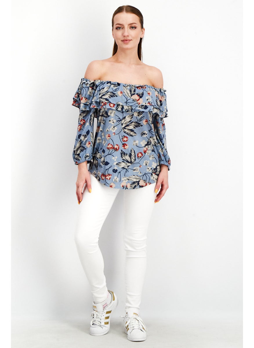 Women Off Shoulder Puffed Sleeve Allover Print Crop Top, Dusty Blue Combo