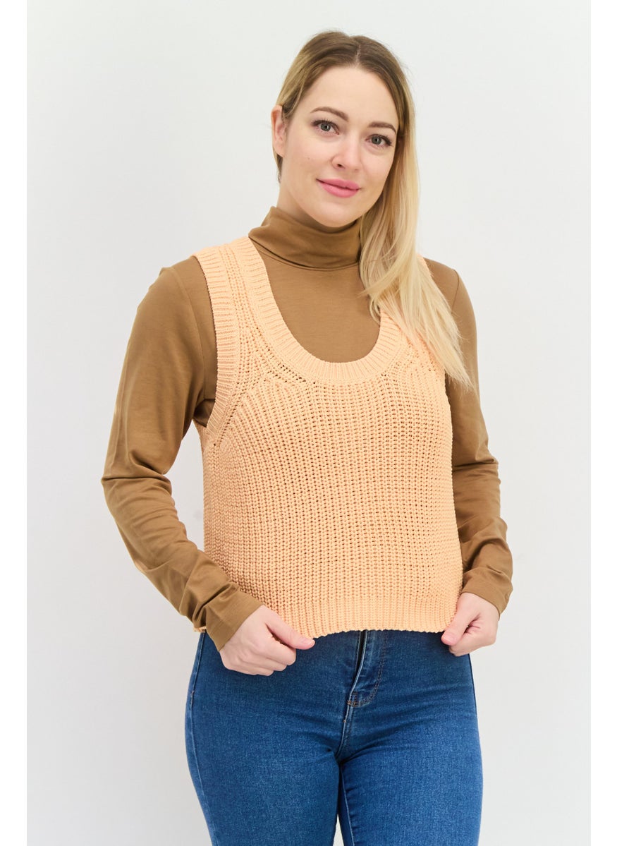 Women U-Neck Sleeveless Knitted Tank Top, Orange