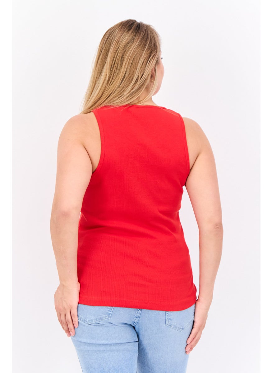 Women Round Neck Short Sleeves Brand Logo Tank Tops, Red