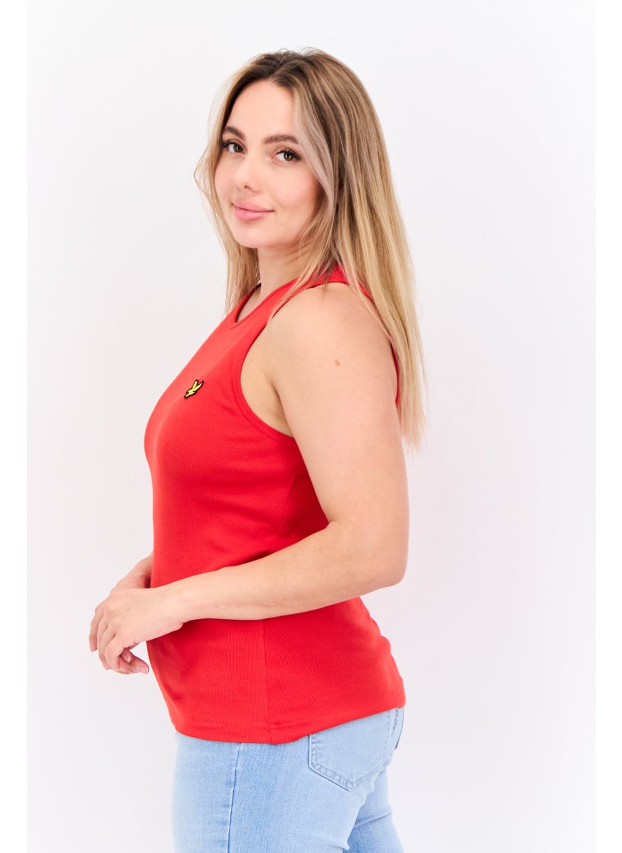 Women Round Neck Short Sleeves Brand Logo Tank Tops, Red