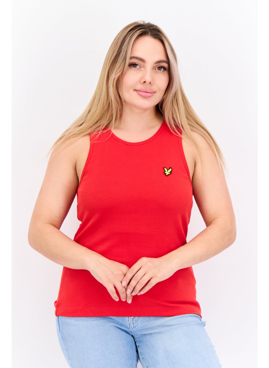 Women Round Neck Short Sleeves Brand Logo Tank Tops, Red