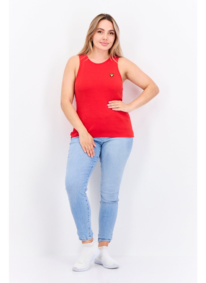 Women Round Neck Short Sleeves Brand Logo Tank Tops, Red