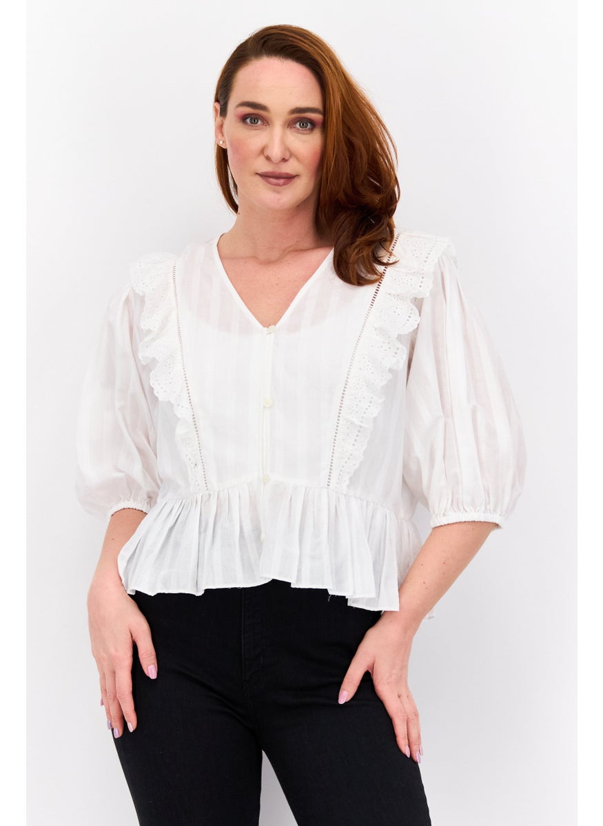 Women V Neck Puffed Sleeve Textured Top, White