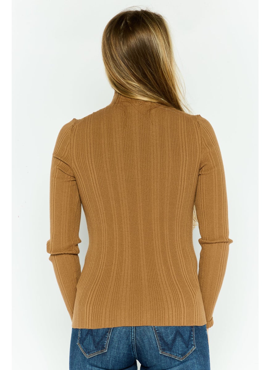 Women Mock Neck Long Sleeves Ribbed Top, Brown