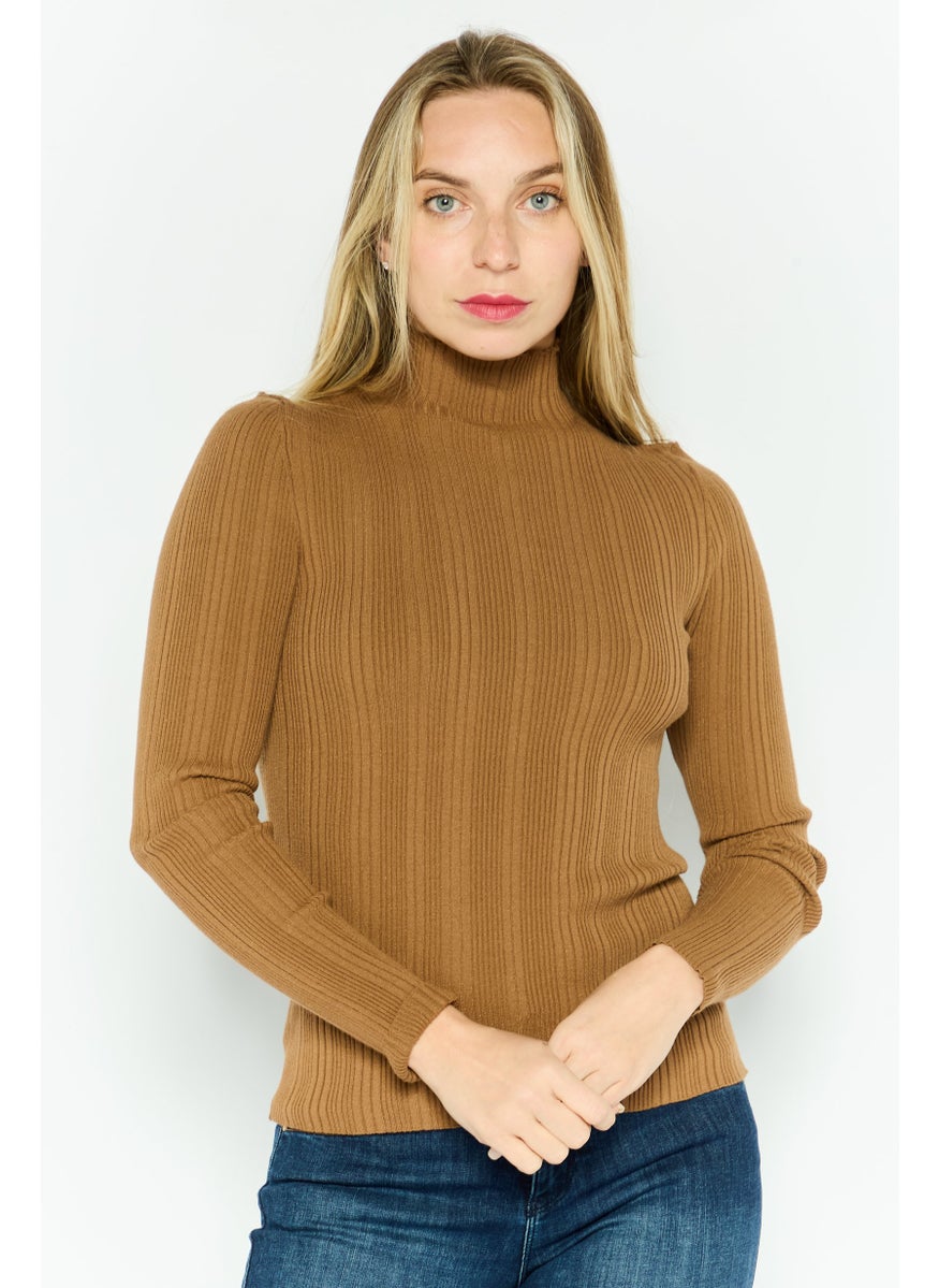Women Mock Neck Long Sleeves Ribbed Top, Brown
