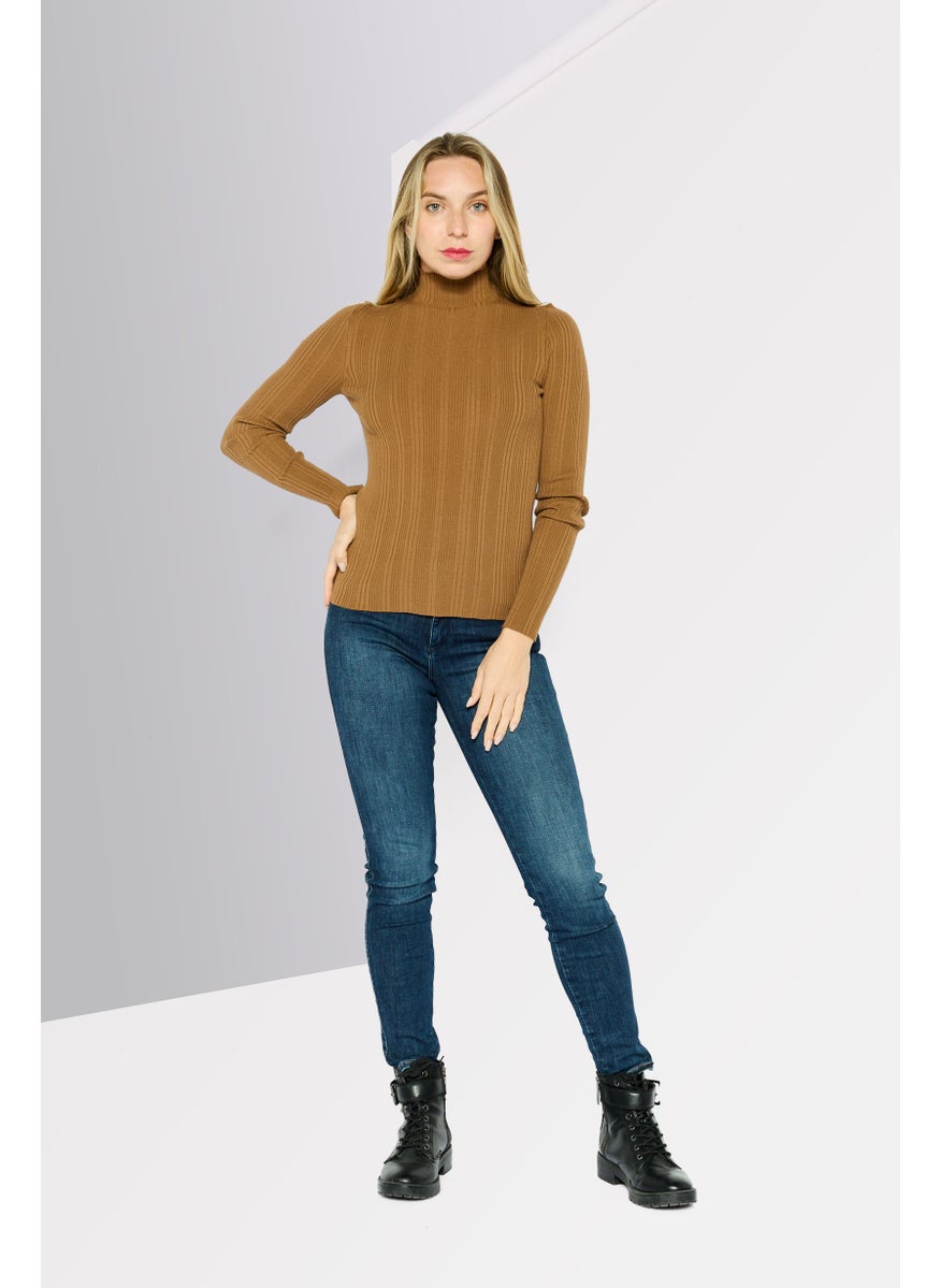 Women Mock Neck Long Sleeves Ribbed Top, Brown