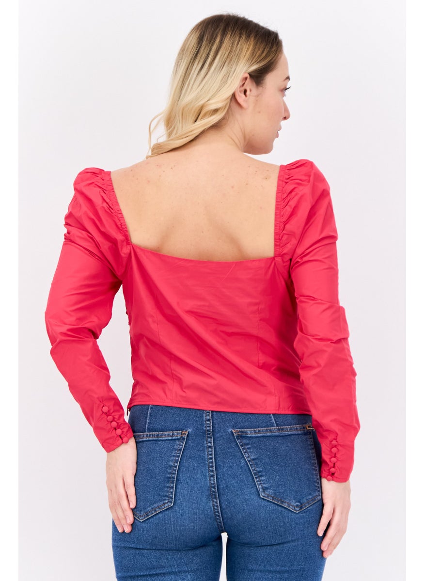 Women Sweatheart Neckline Long Sleeves Solid Crop Top, Pink