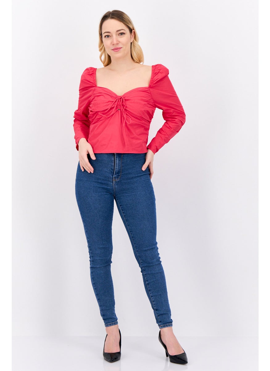 Women Sweatheart Neckline Long Sleeves Solid Crop Top, Pink