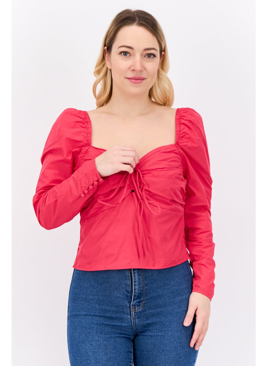 Women Sweatheart Neckline Long Sleeves Solid Crop Top, Pink