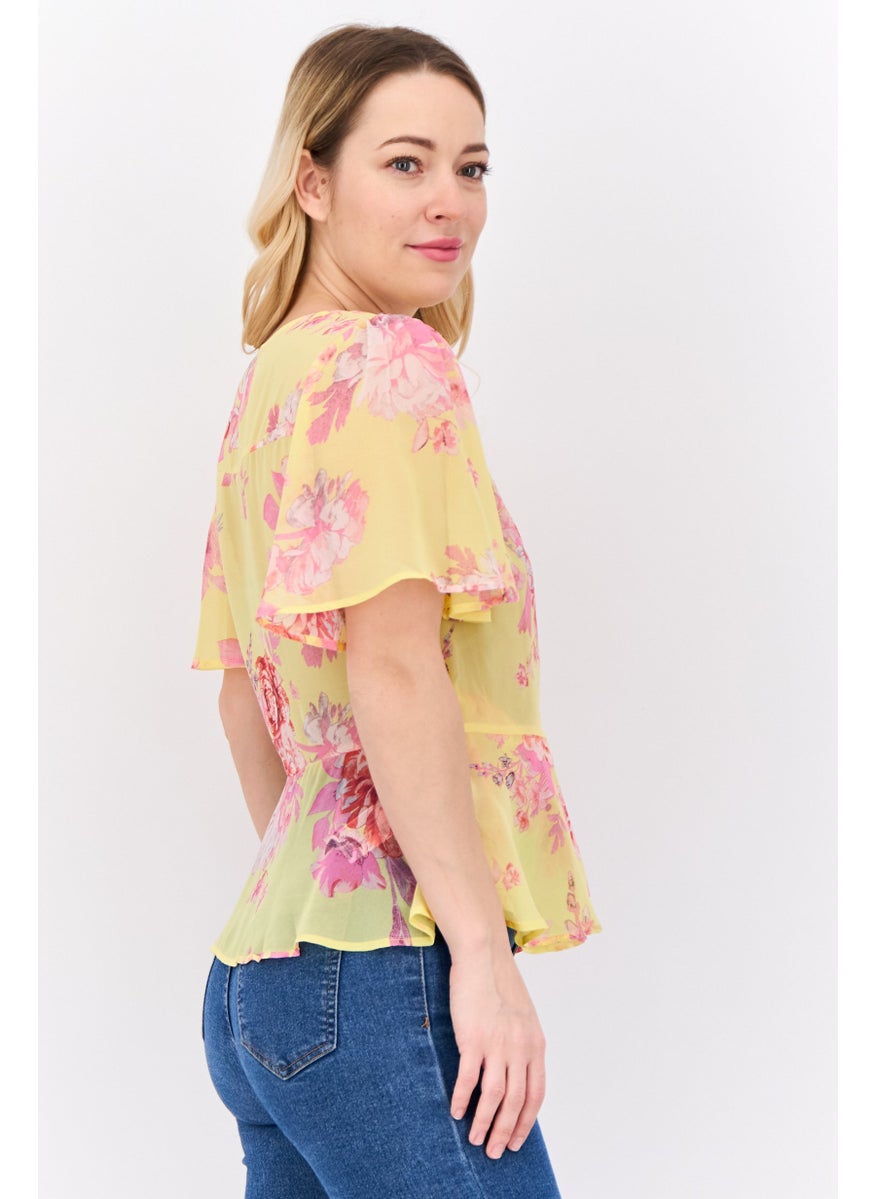 Women Surplice Neck Short Sleeves Floral Print Blouse, Multicolor