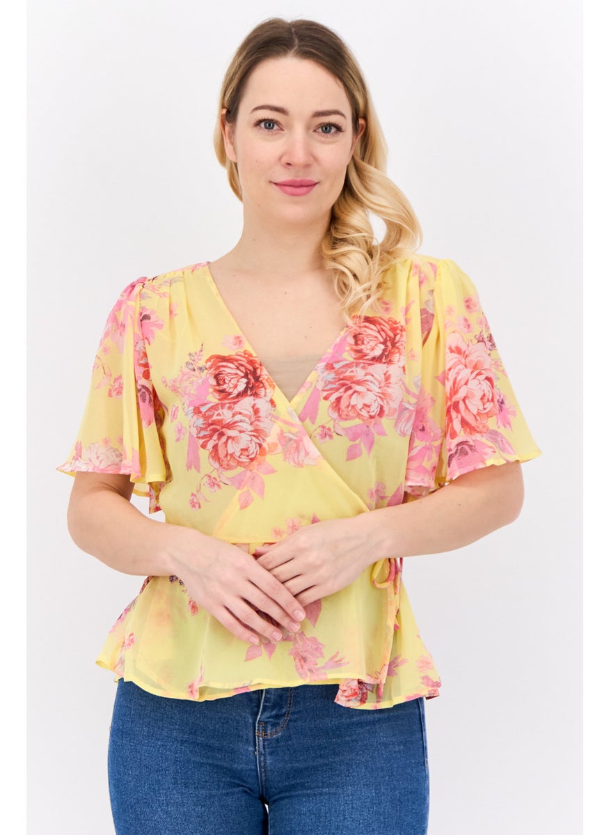 Women Surplice Neck Short Sleeves Floral Print Blouse, Multicolor
