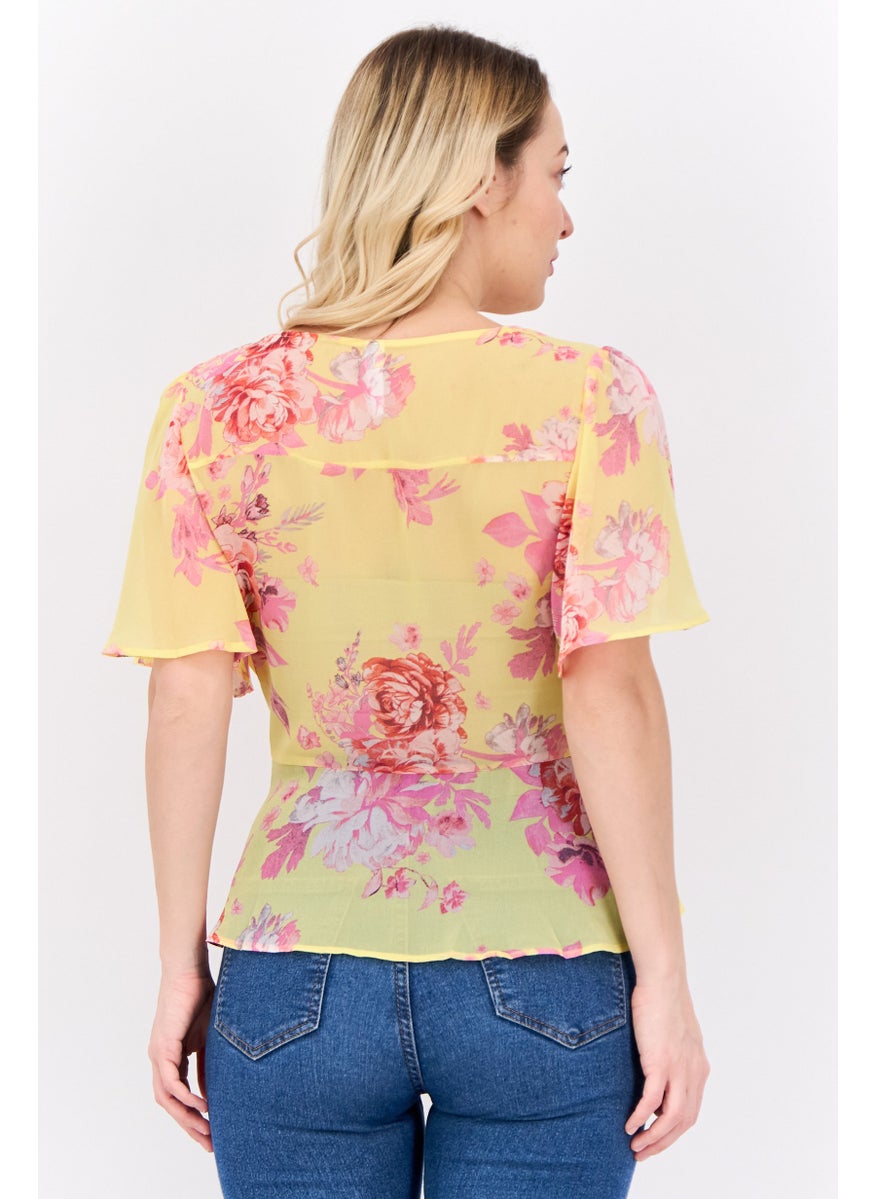 Women Surplice Neck Short Sleeves Floral Print Blouse, Multicolor