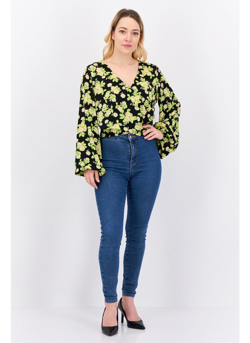 Women Surplice Neckline Long Sleeves Floral Print Blouse, Black