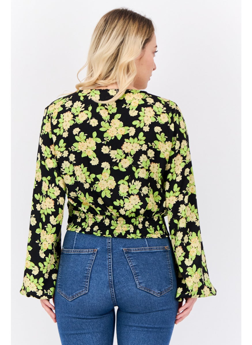 Women Surplice Neckline Long Sleeves Floral Print Blouse, Black
