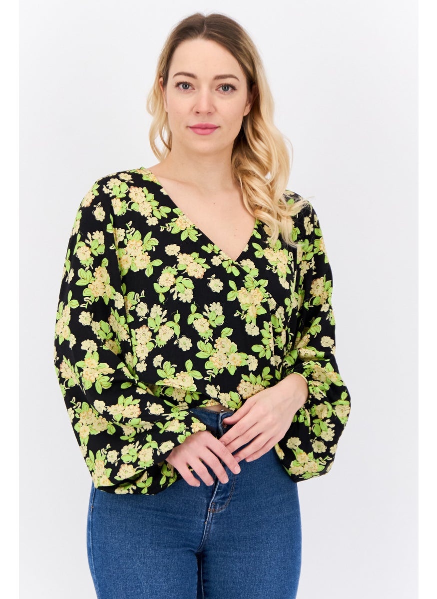 Women Surplice Neckline Long Sleeves Floral Print Blouse, Black