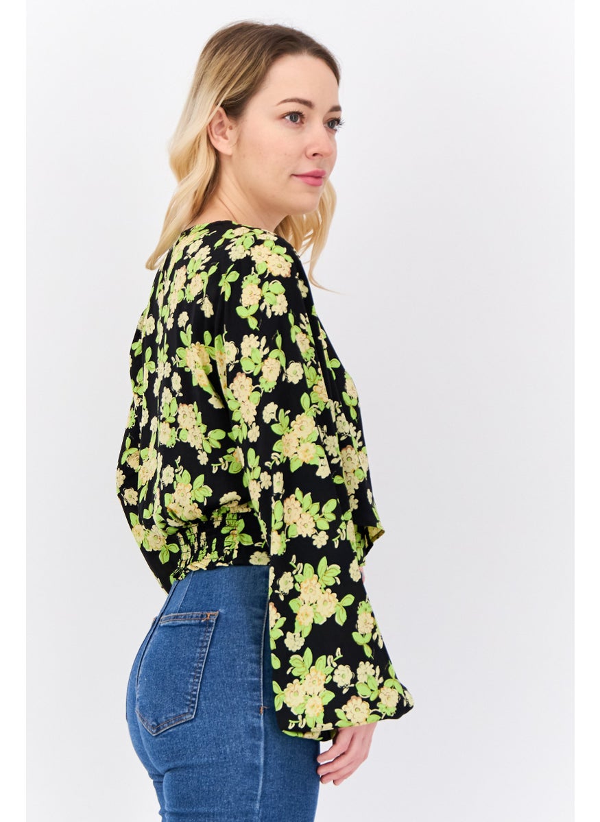 Women Surplice Neckline Long Sleeves Floral Print Blouse, Black