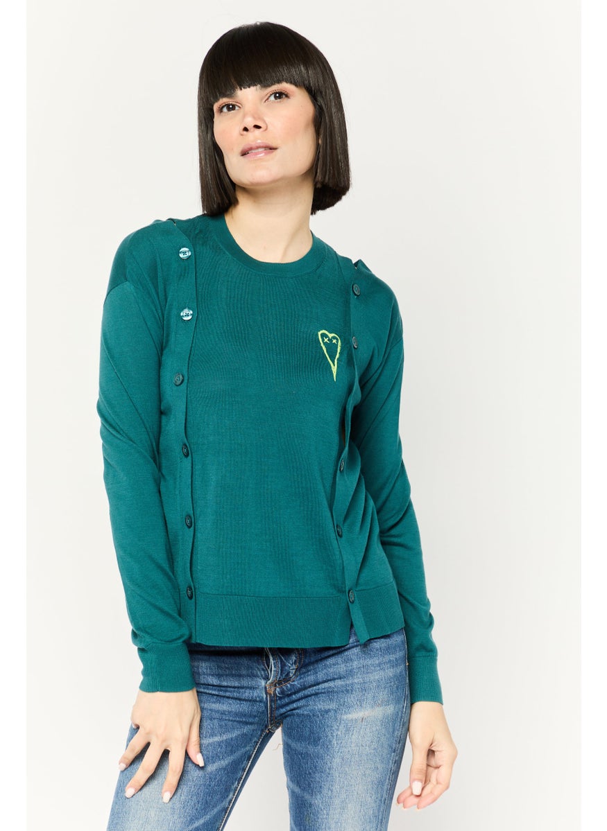 Women Round Neck Long Sleeves Embroidered Blouse, Teal Green