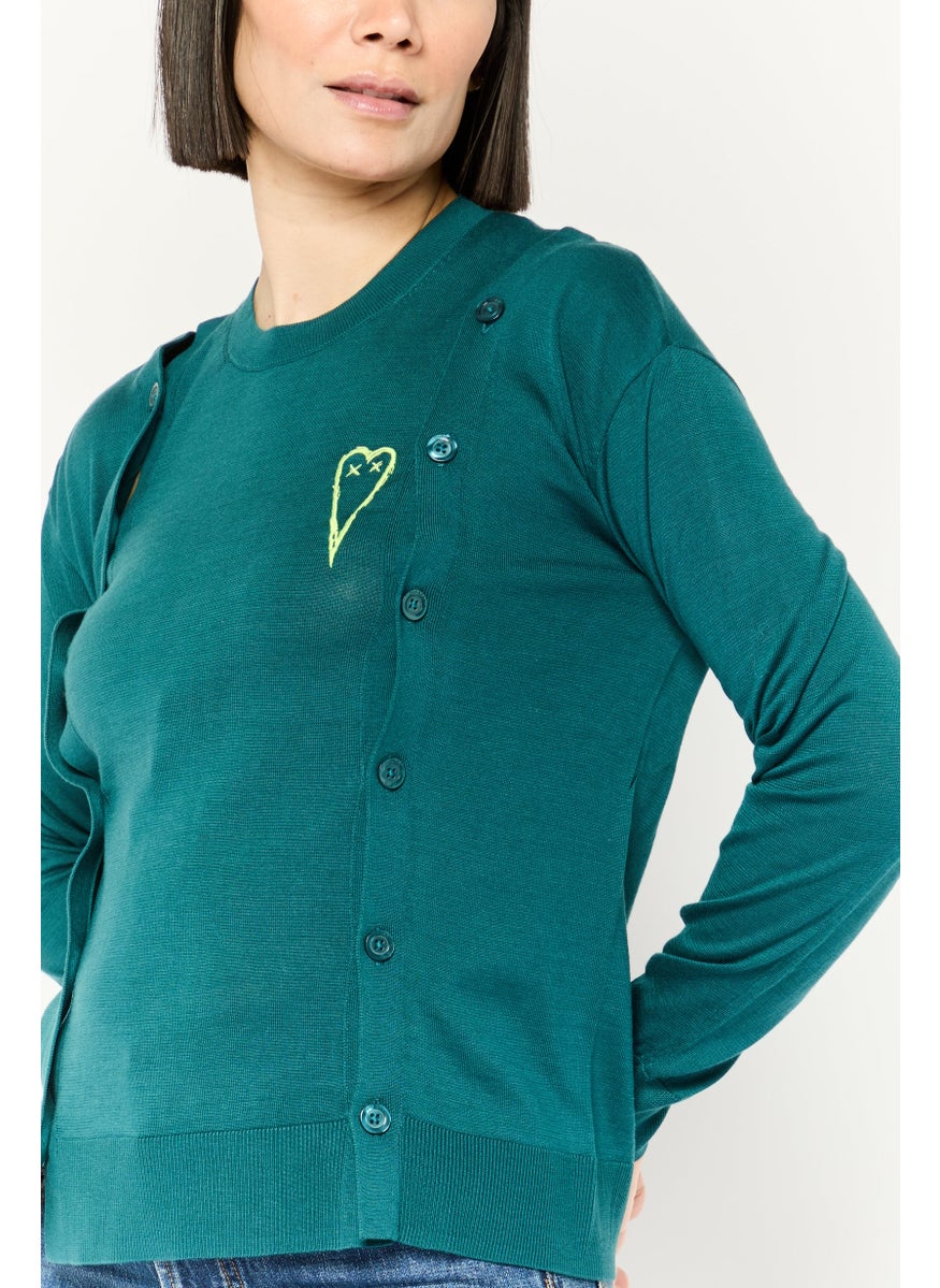 Women Round Neck Long Sleeves Embroidered Blouse, Teal Green