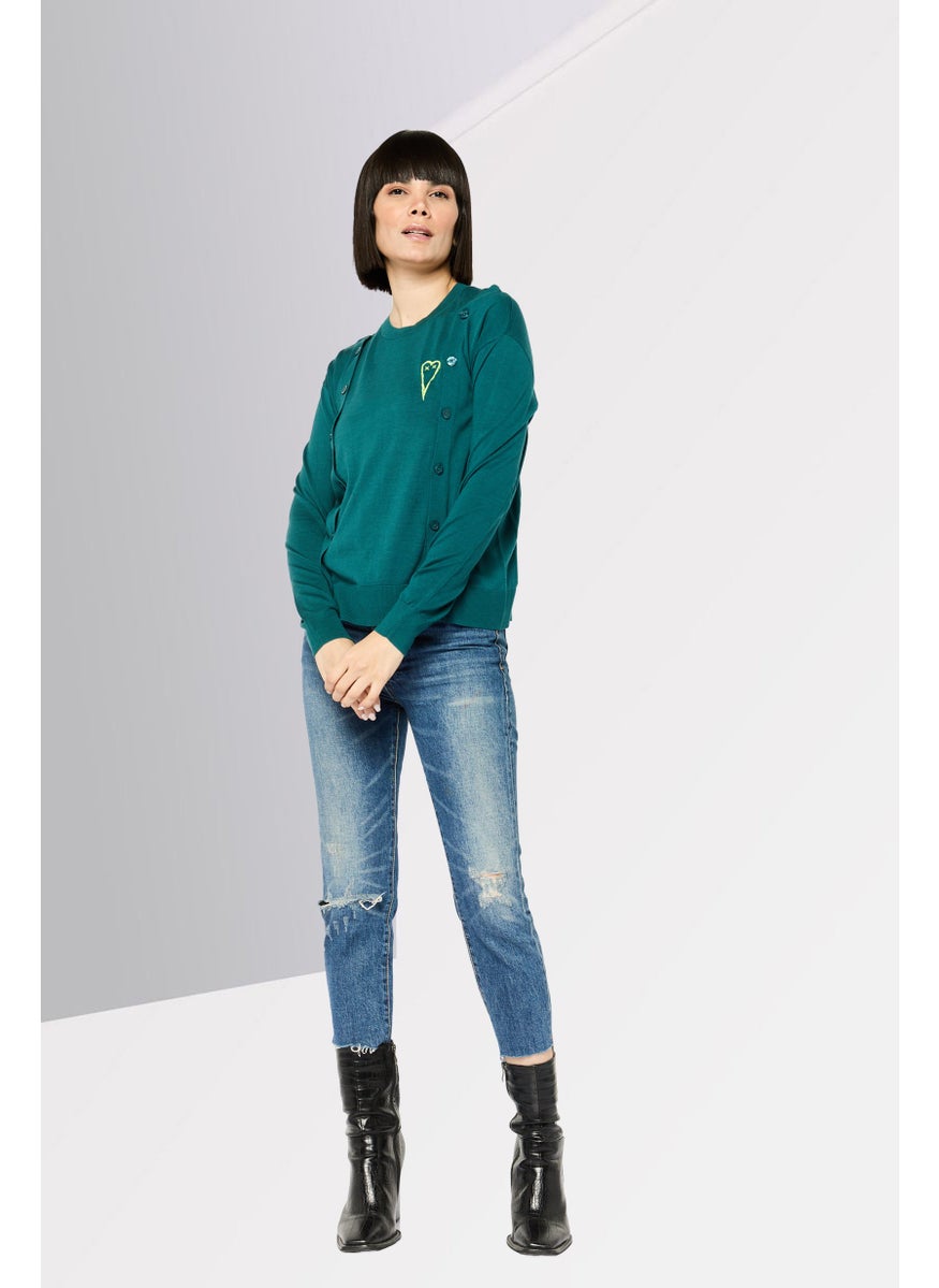 Women Round Neck Long Sleeves Embroidered Blouse, Teal Green