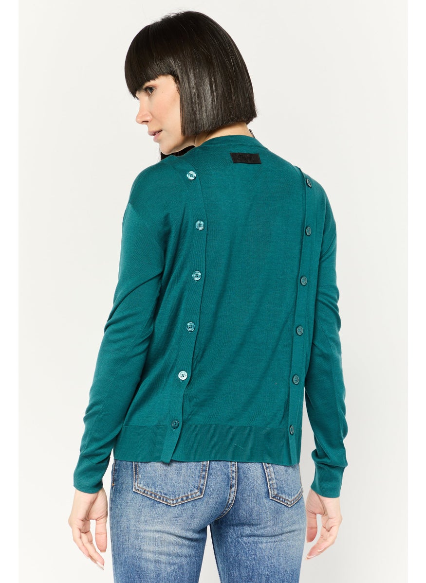 Women Round Neck Long Sleeves Embroidered Blouse, Teal Green