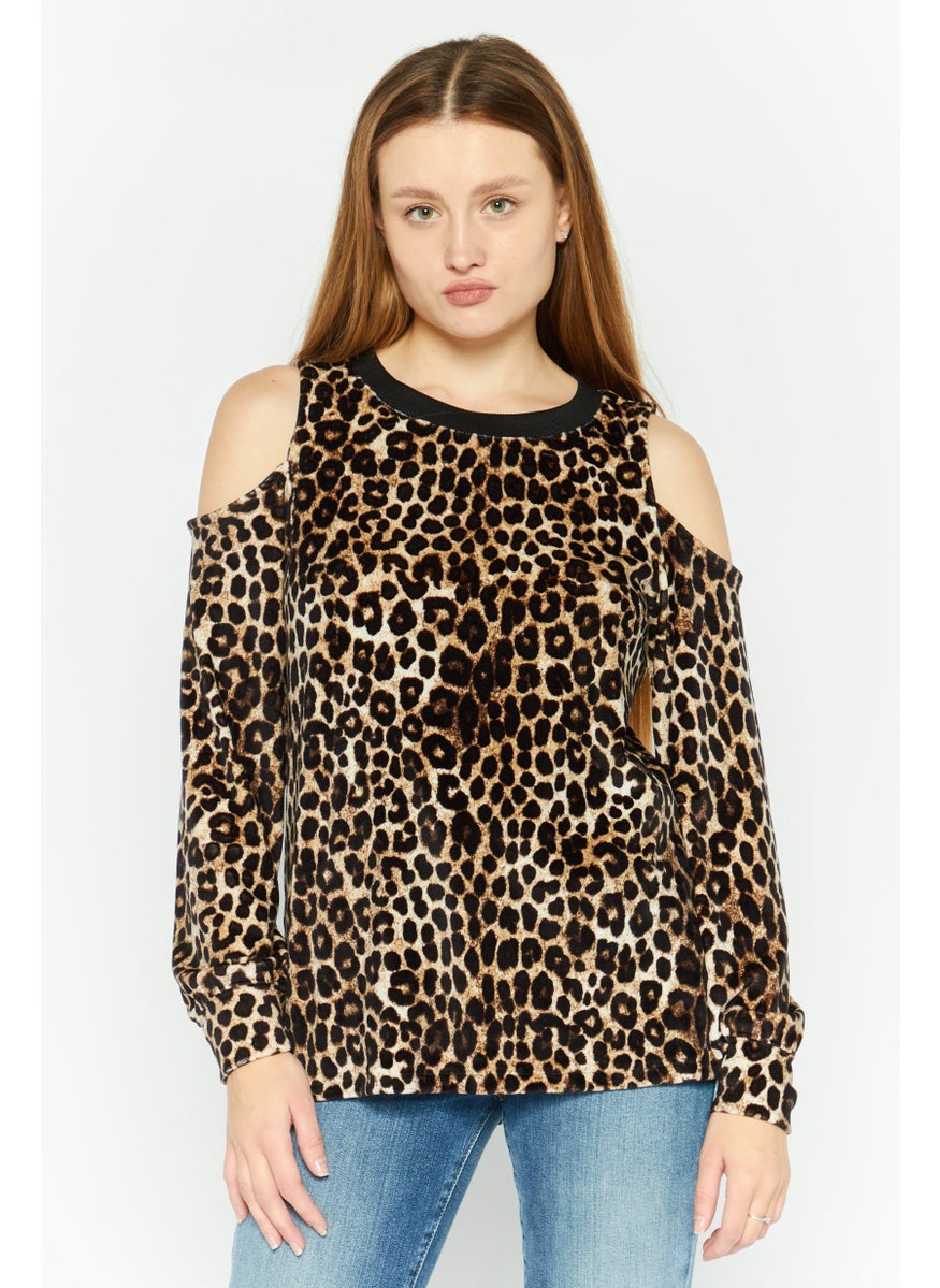 Women Crew Neck Long Sleeve Animal Print Top, Black