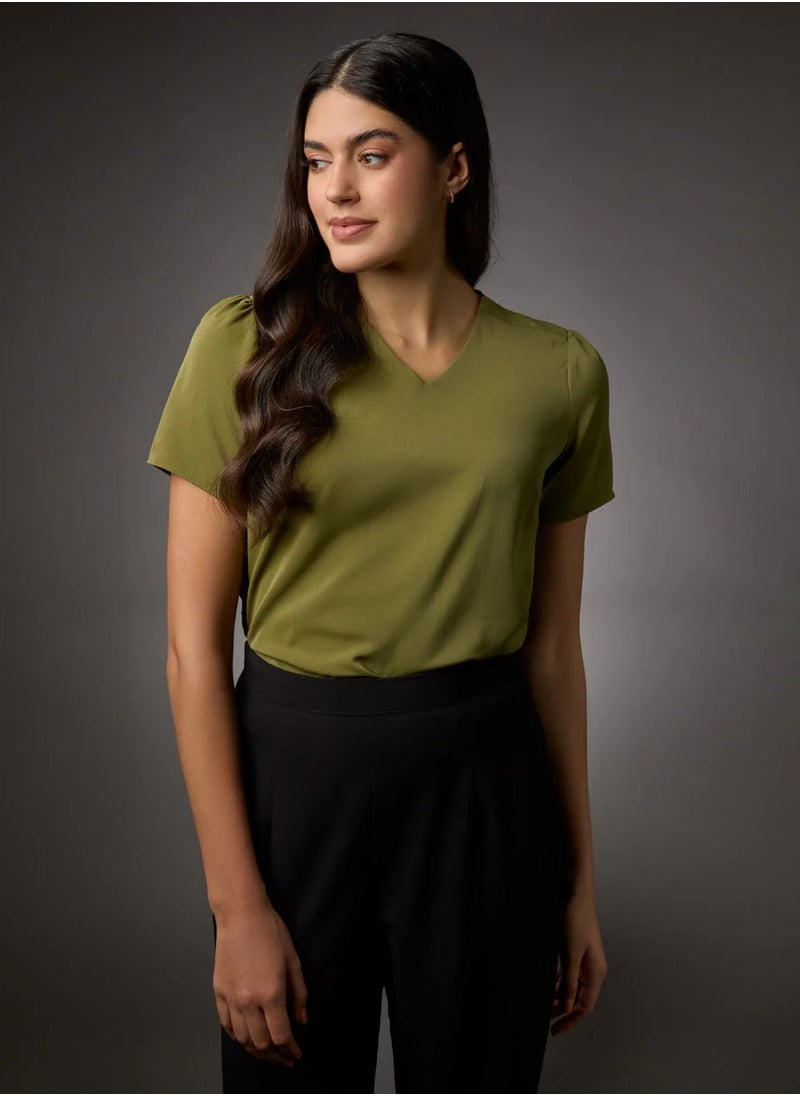 Vneck Short Sleeve Chiffon Top-Green