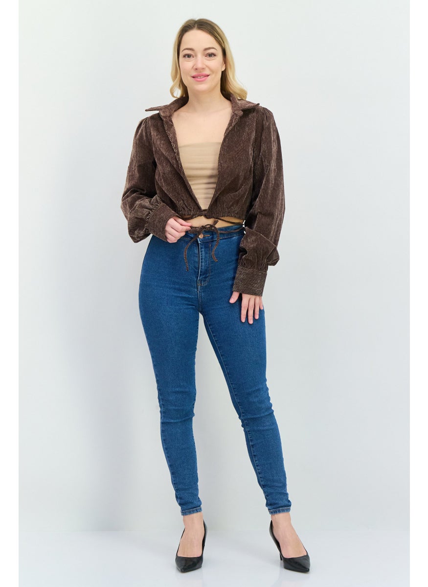 Women Spread Neck Long Sleeves Textured Blouse, Dark Brown