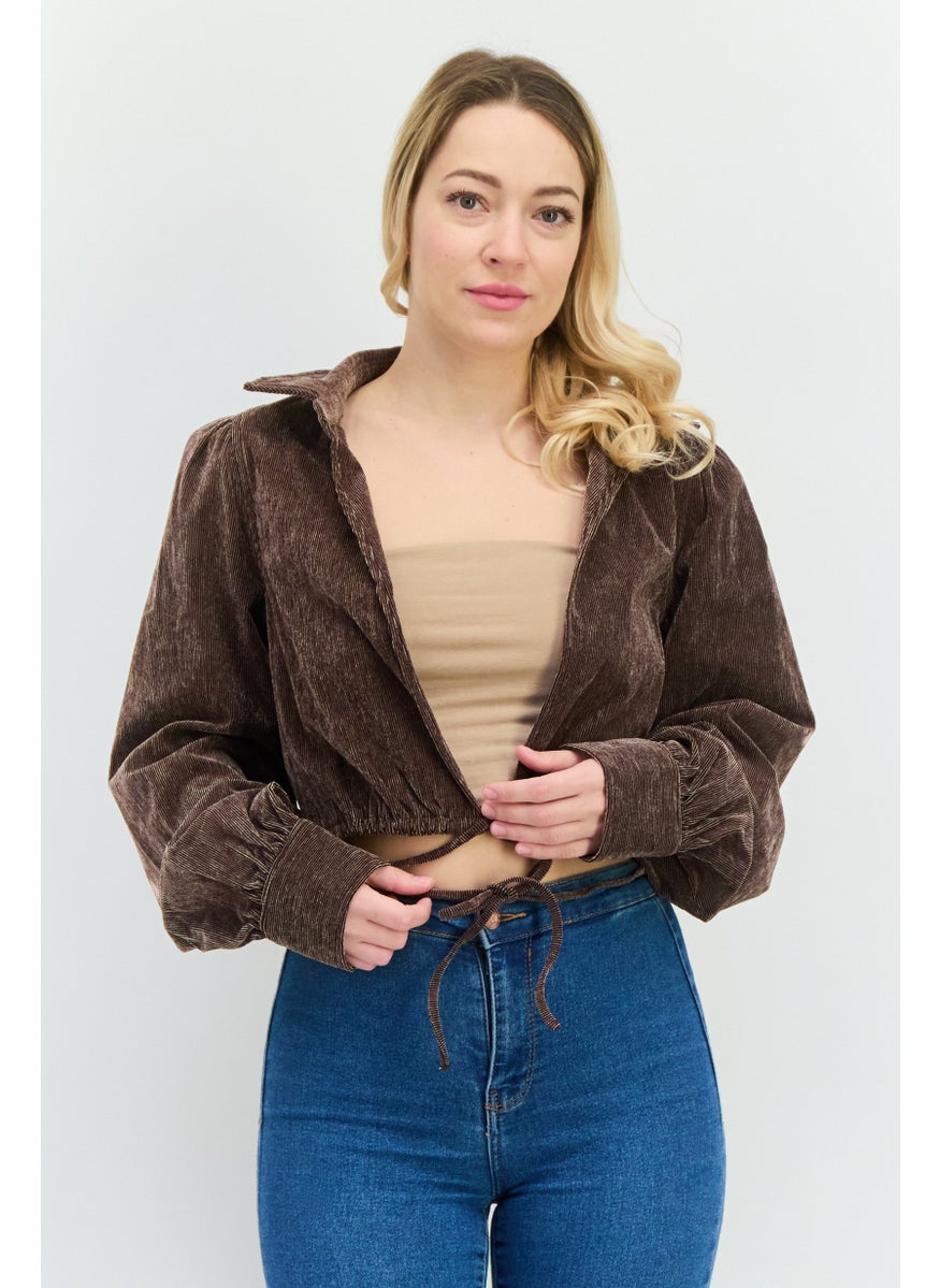 Women Spread Neck Long Sleeves Textured Blouse, Dark Brown